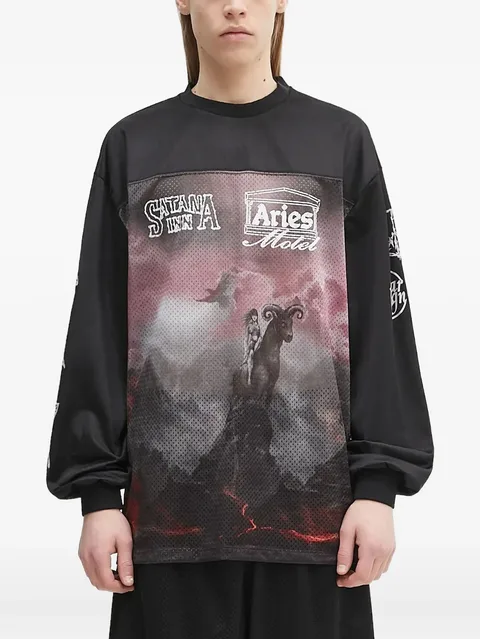 mesh-panel graphic long-sleeve T-shirt