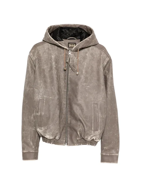 distressed hooded bomber jacket
