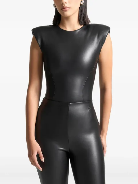 Wide shoulder leather bodysuit - black