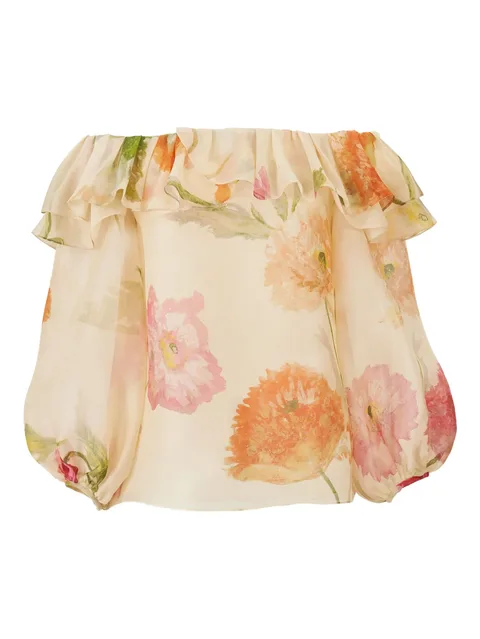 Poppy-Print organza puff Sleeve Top