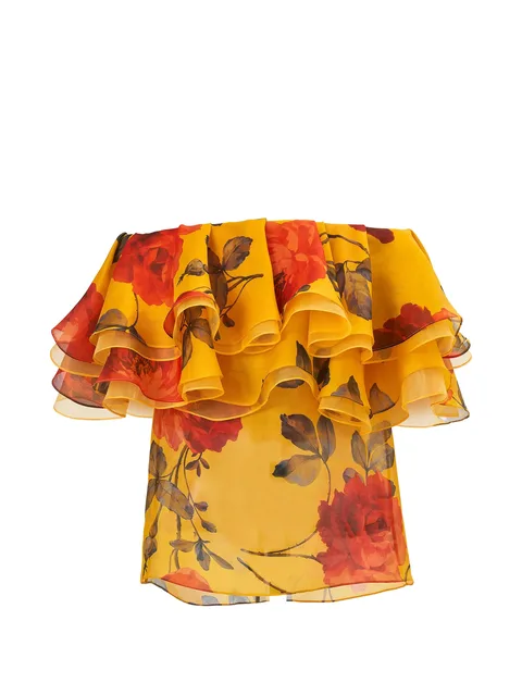 rose-print Organza ruffle top