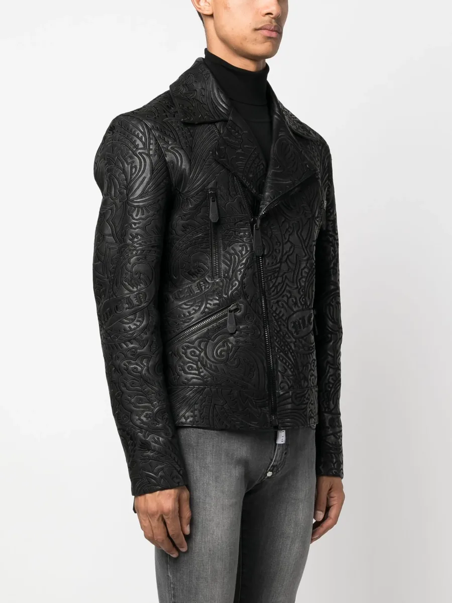 paisley-print leather biker jacket 5