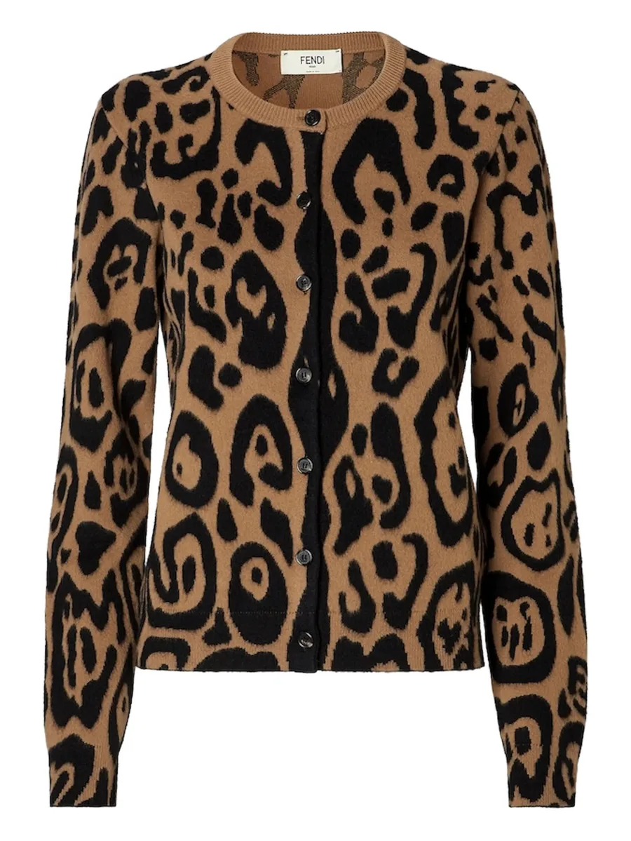Beige and black Fendi Leo wool and cashmere cardigan 2