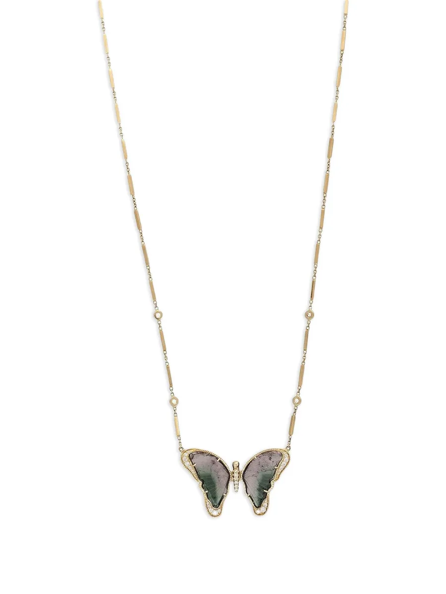 14K yellow gold Butterfly tourmaline and diamond necklace 1
