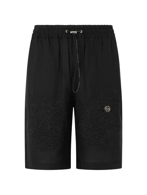 embroidered linen bowling shorts