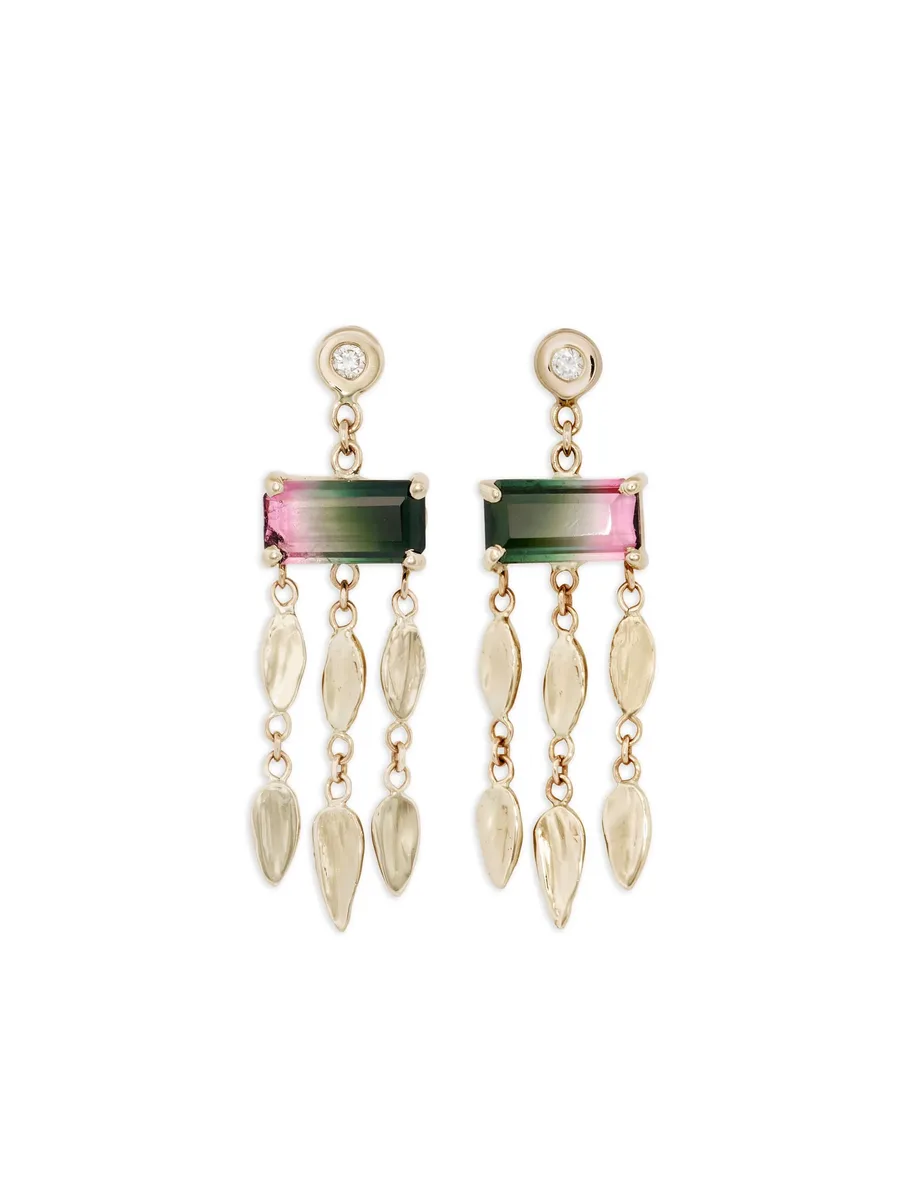 14CT yellow gold dangle tourmaline and diamond earrings 1