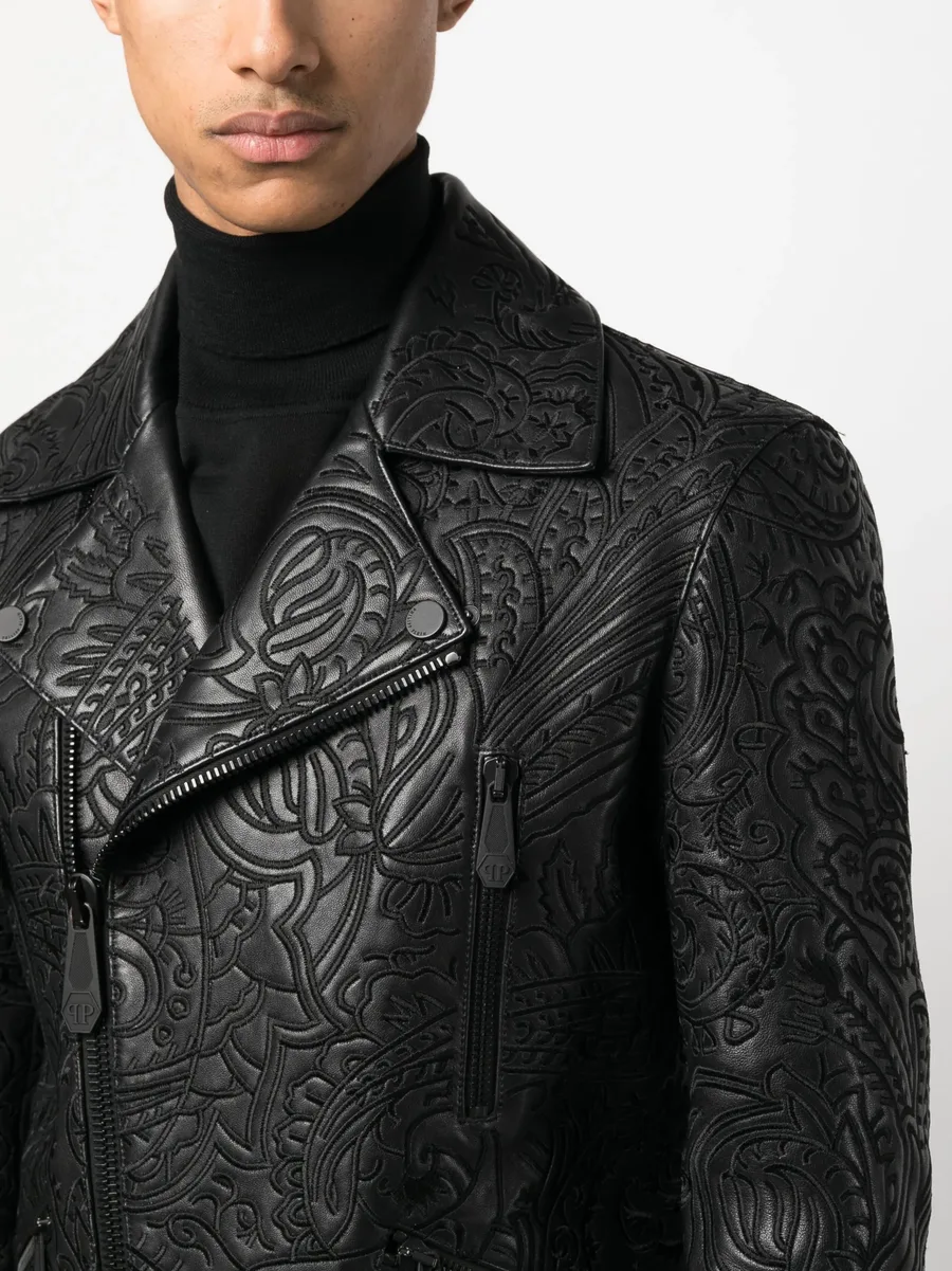 paisley-print leather biker jacket 9
