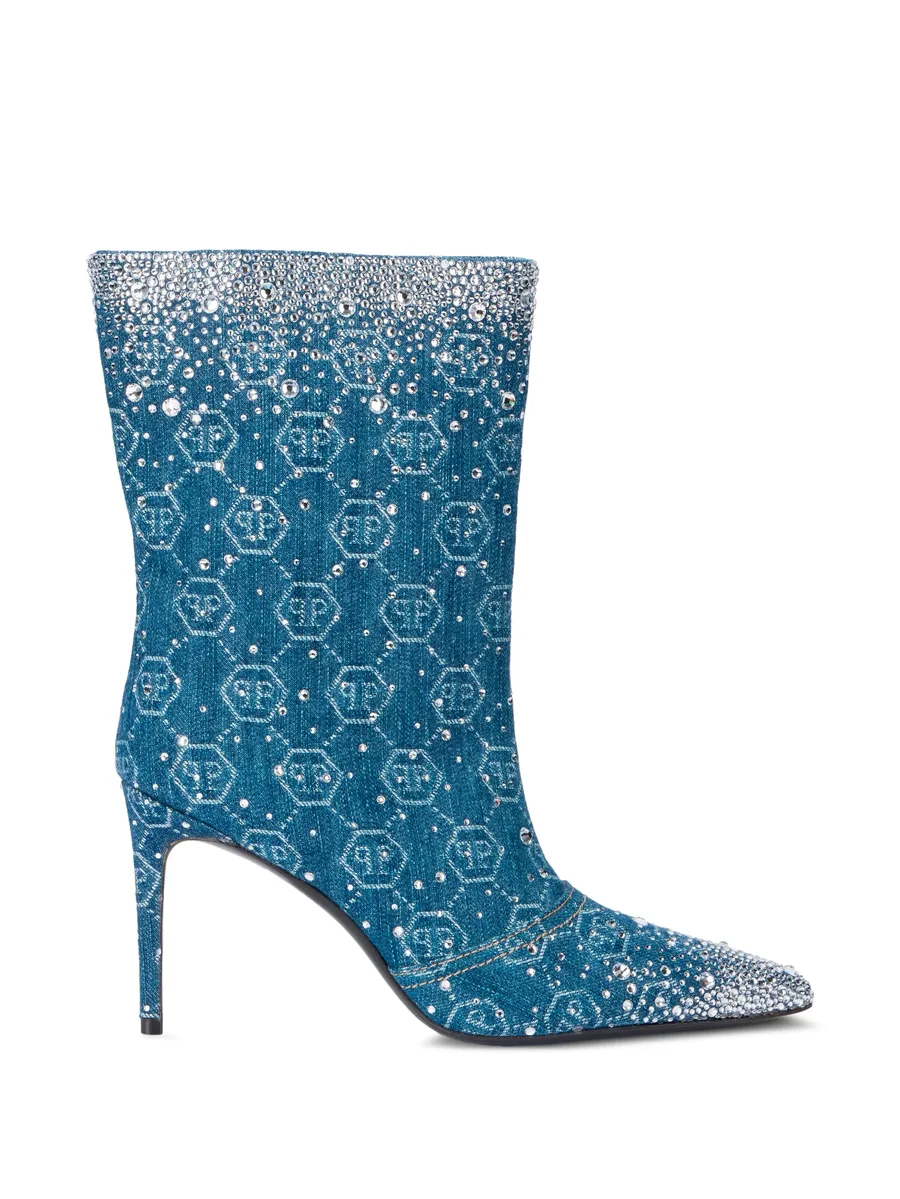 Strass 9 monogram rhinestone denim boots 1